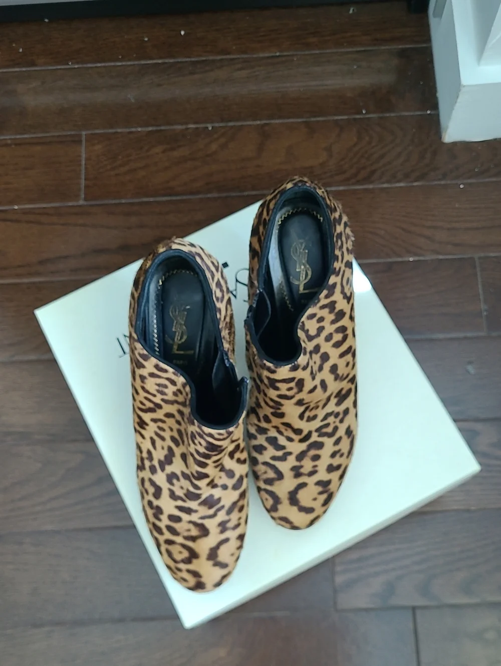Yves Saint Laurent Leopard-Print Platform Booties in Tan and Black